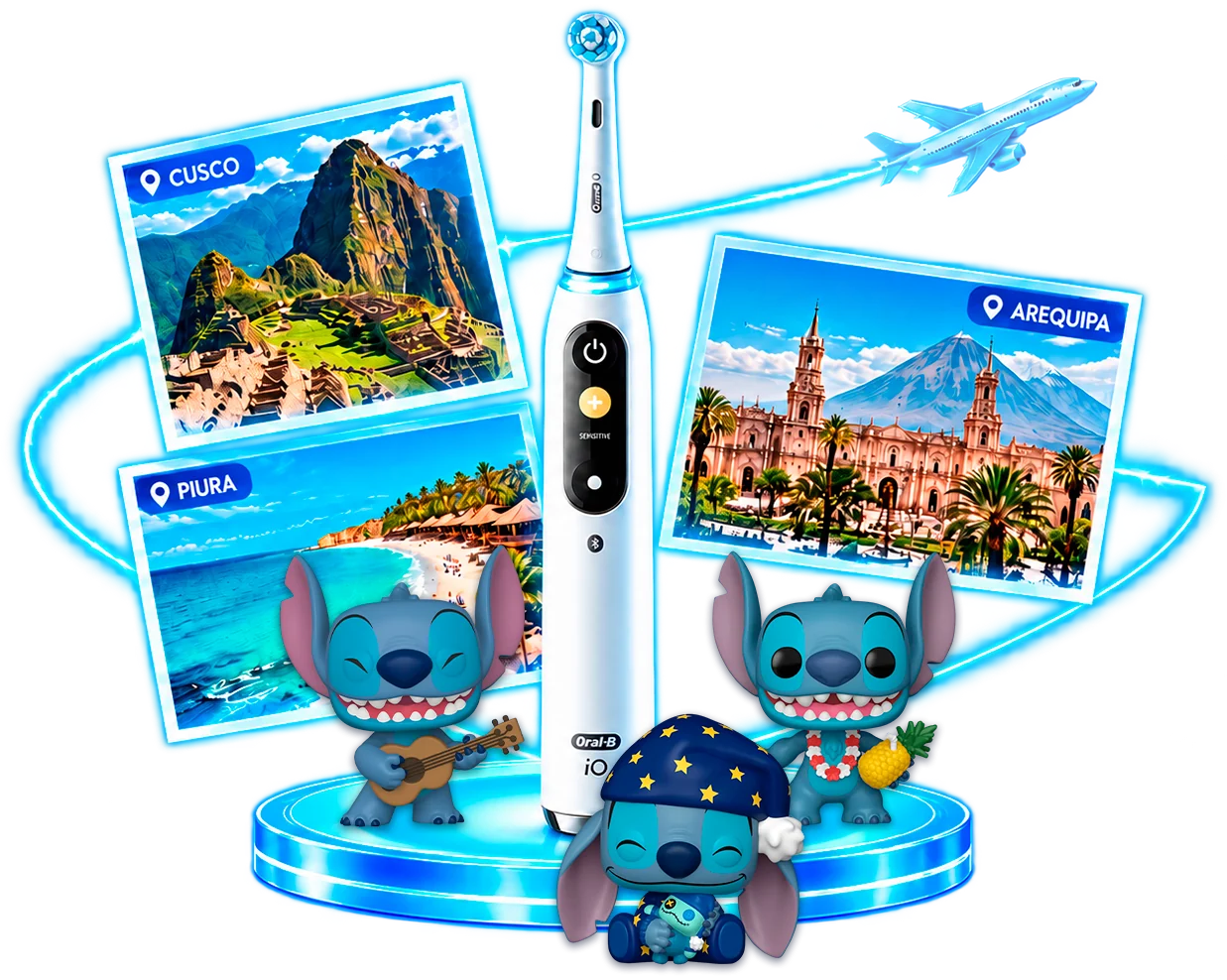 Cepillo eléctrico Oral-B iO sobre una plataforma luminosa, rodeado de fotos de Cusco, Arequipa y Piura y de figuras Funko Pop de Stitch
